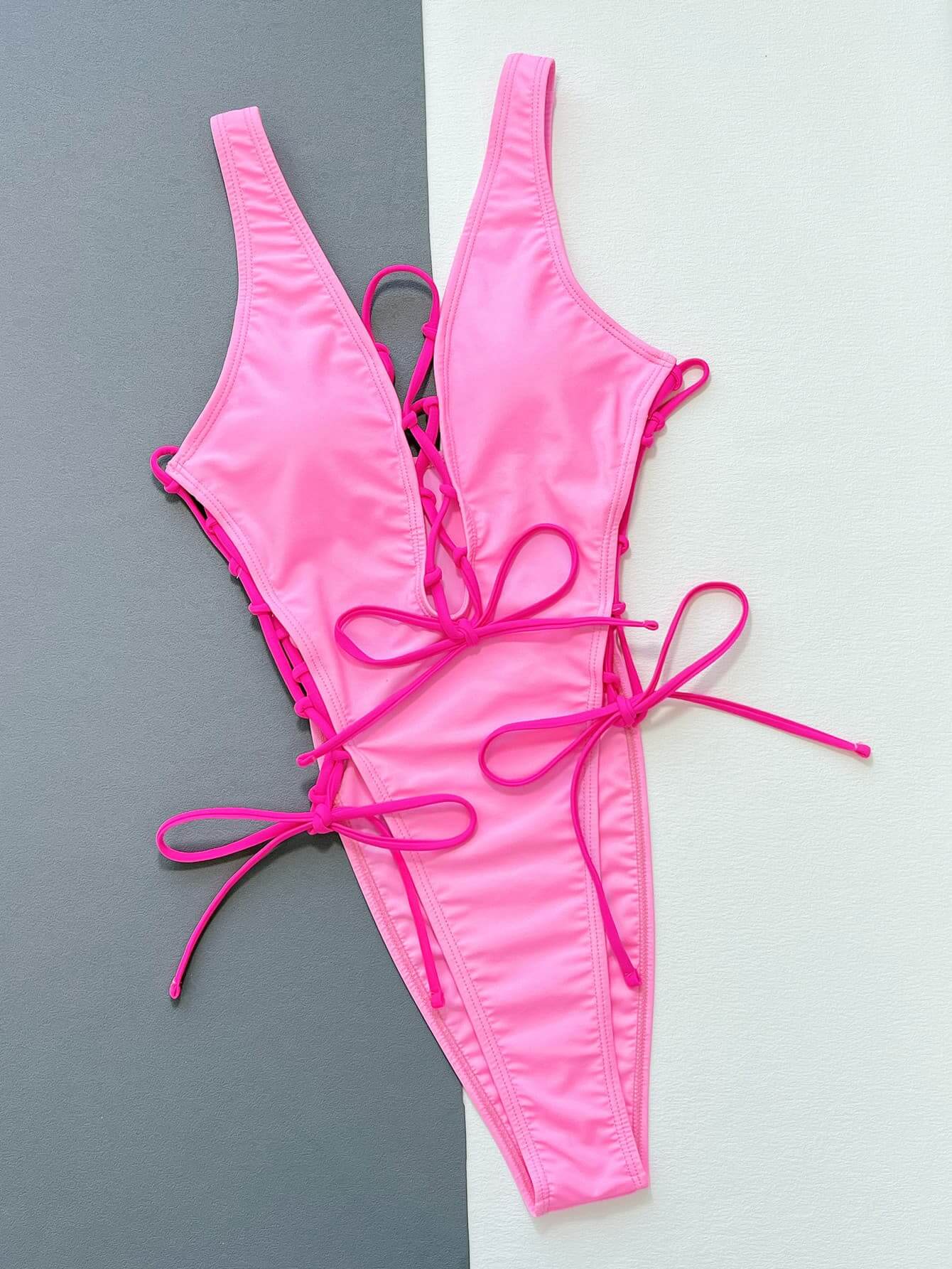 Deep V lace-up one-piece swimsuit