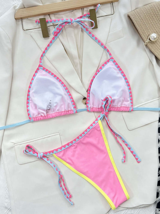 Pink Contrast trim halter neck bikini set