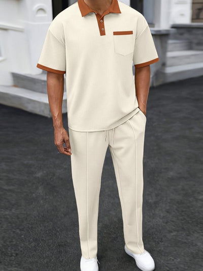 Beige Plus-size waffle-knit set modeled in casual lifestyle setting