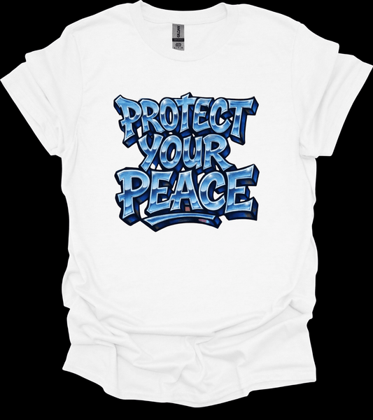 White Protect Your Peace Graphic Tee with blue 'Protect Your Peace' text design on a white background
