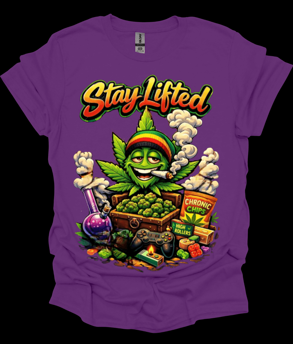 Purple Stay Lifted Cannabis Graphic Tee with 'Stay Lifted' graphic design featuring a cannabis leaf and gaming elements.