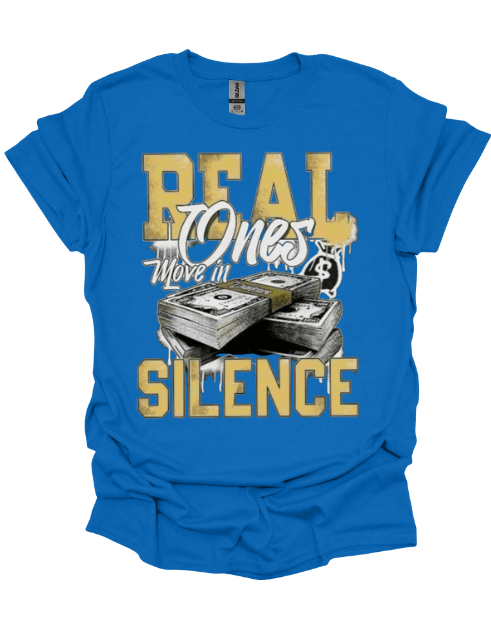 Blue Real Ones Move in Silence Graphic Tee with graphic design and text on a black background