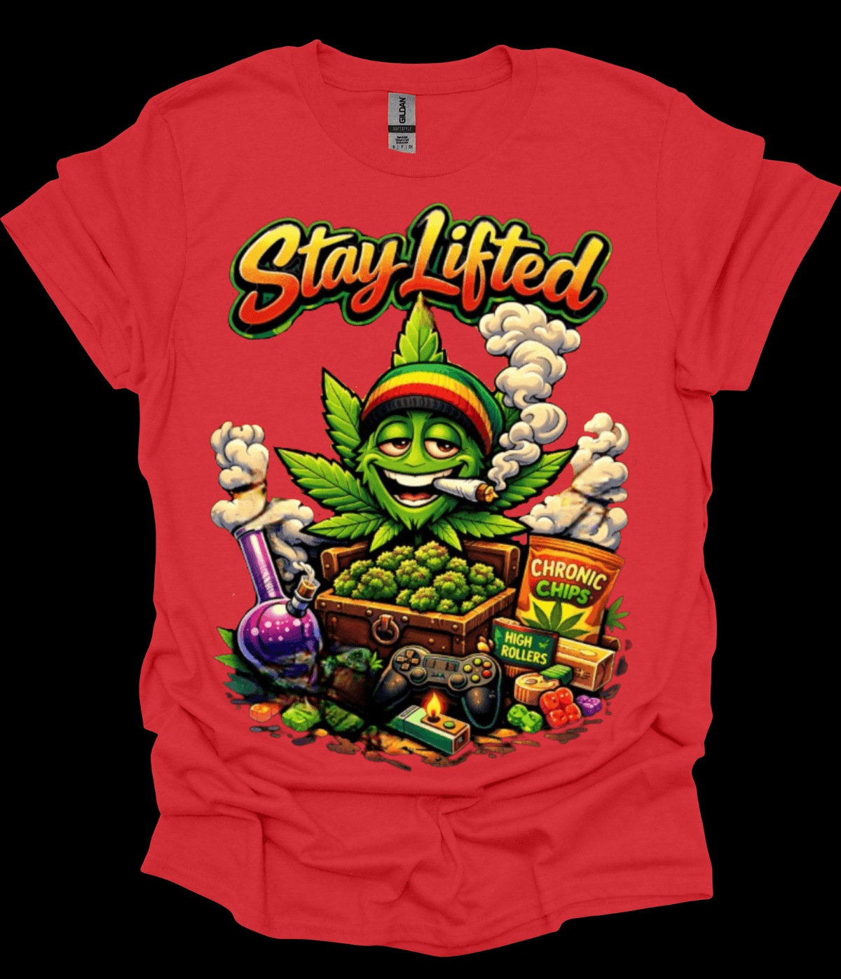 Red Stay Lifted Cannabis Graphic Tee with a colorful graphic design featuring a cannabis leaf character and text 'Stay Lifted' on a black background.
