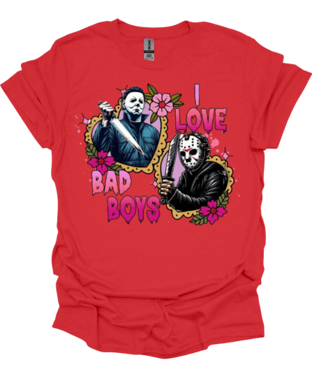 Red I Love Bad Boys Horror Valentine Graphic Tee