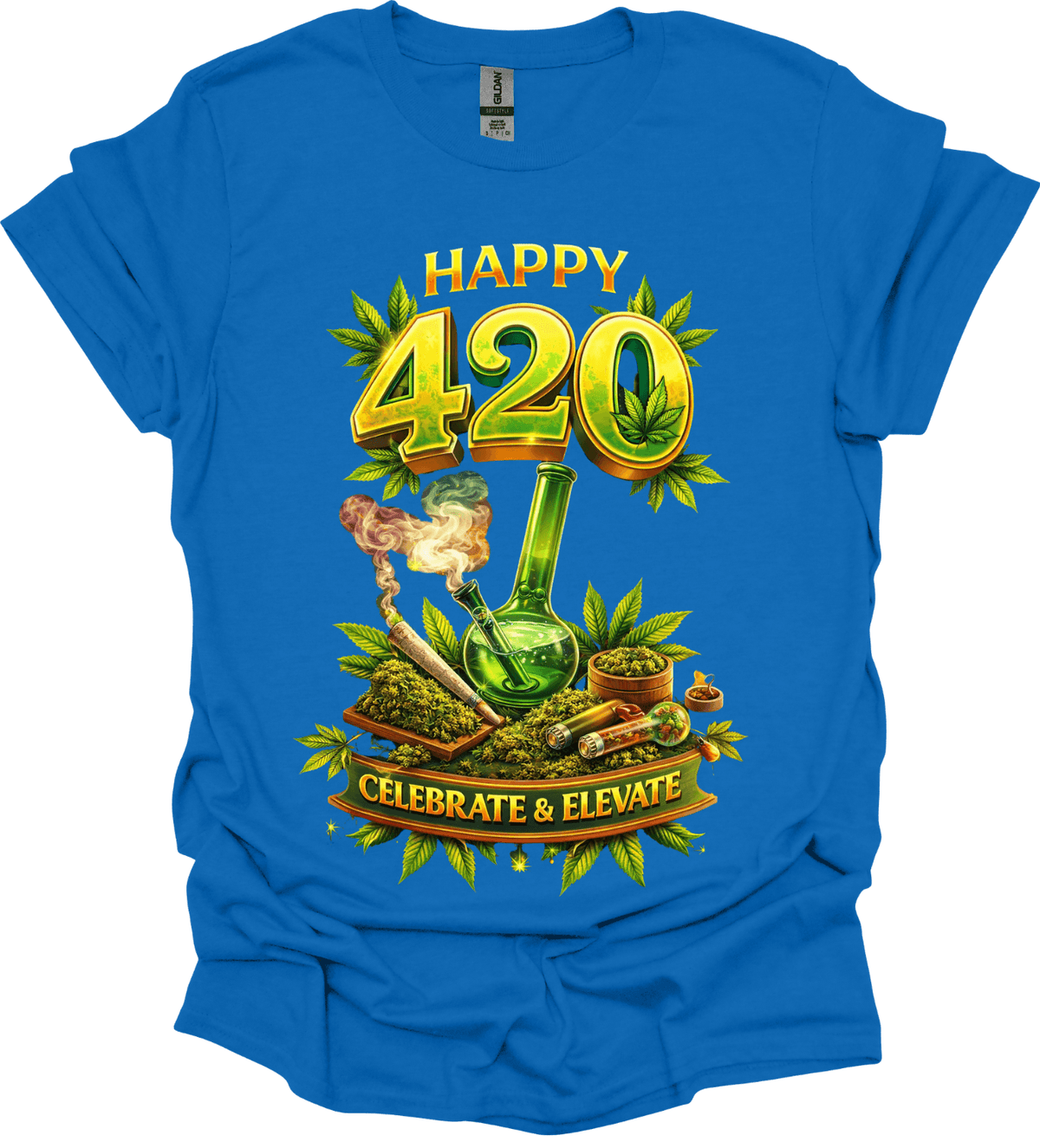 Blue Happy 420 Graphic Tee with 'Happy 420 Celebrate & Elevate' design featuring cannabis imagery on a white background.