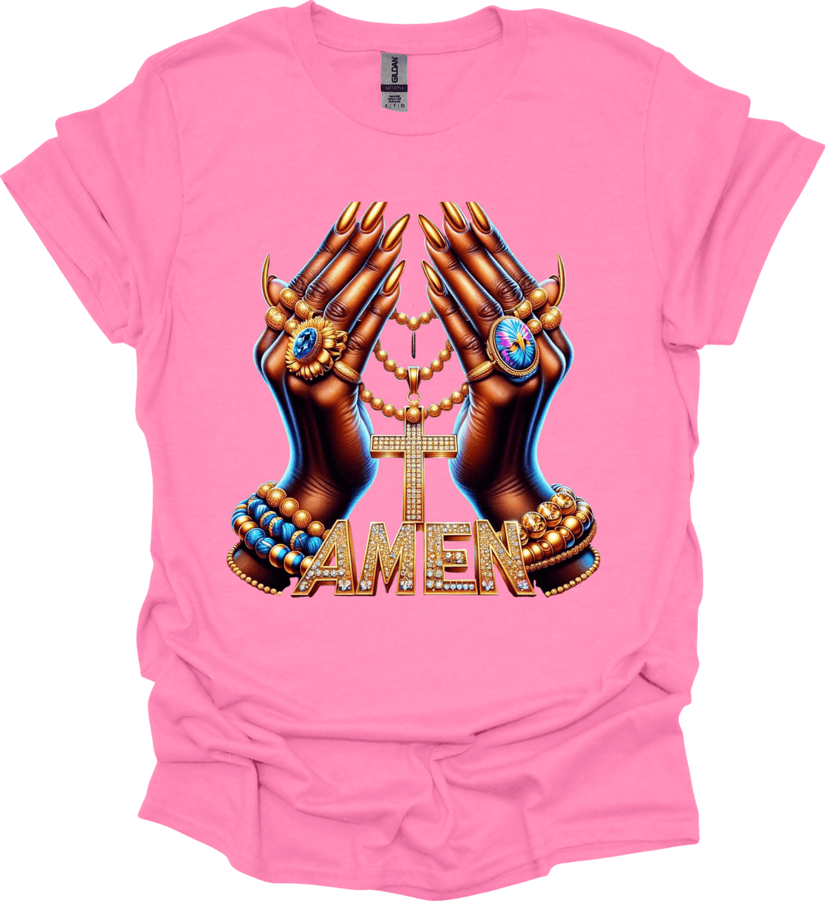 Pink Amen Faith Cross Graphic Tee with hands holding a cross and 'Amen' text on a white background
