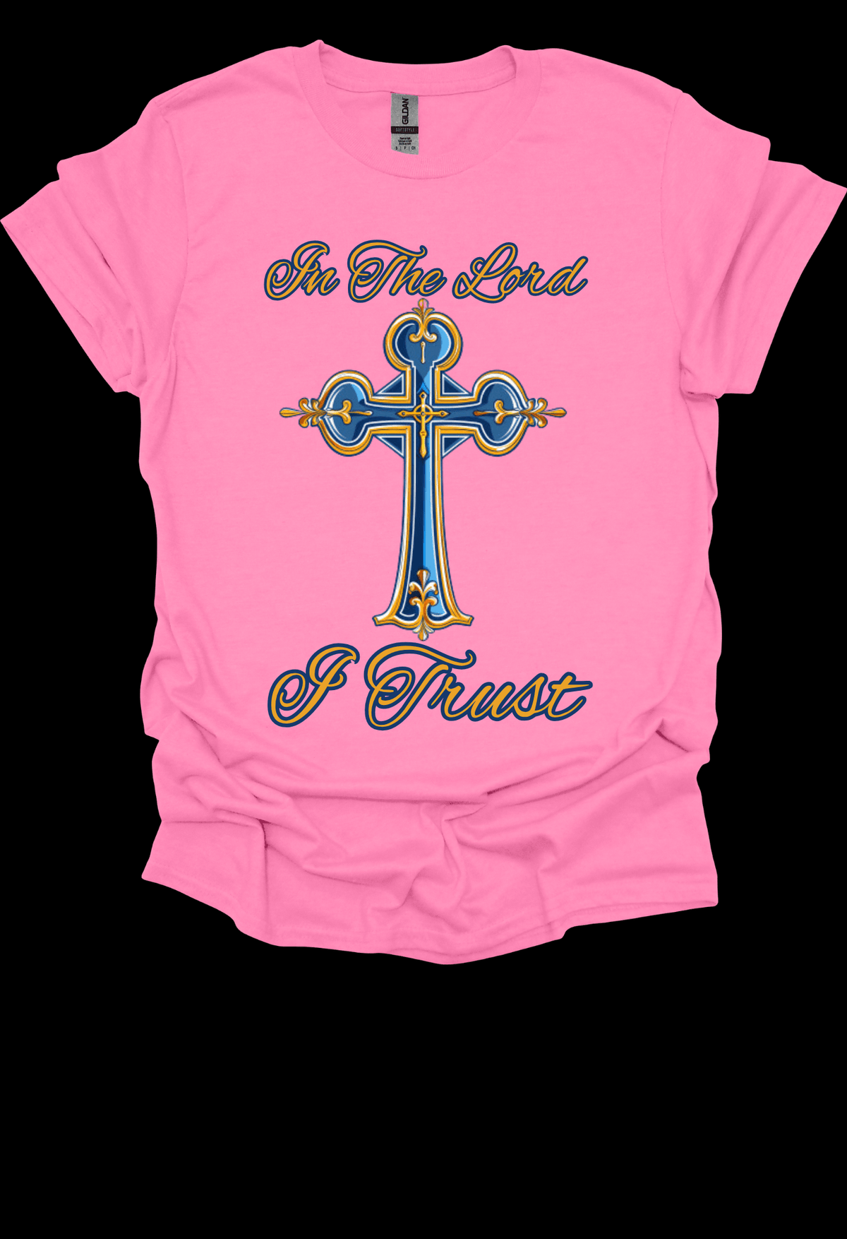Pink In The Lord I Trust Tee with a cross design and text on a black background