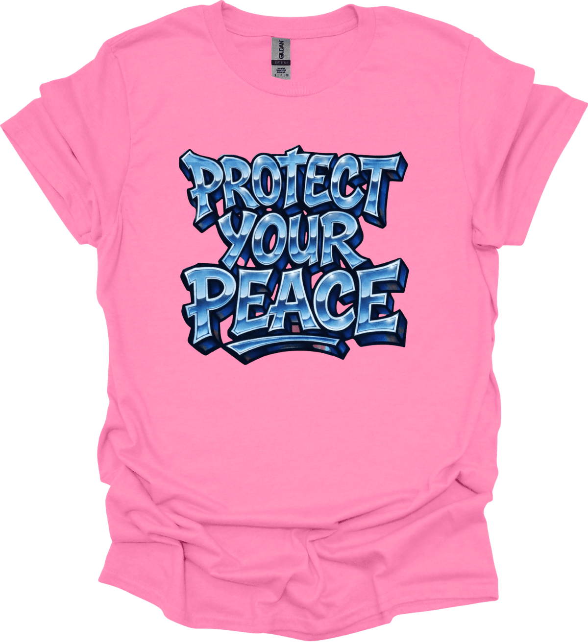 Pink Protect Your Peace Graphic Tee with 'Protect Your Peace' text in blue on a white background