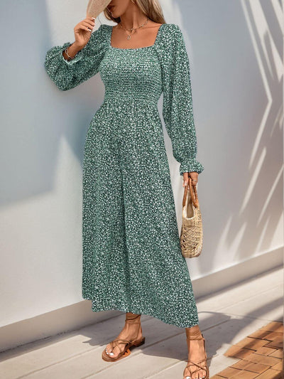 Perfee Smocked Printed Long Sleeve Wide Leg Jumpsuit - Ink Wave Creations