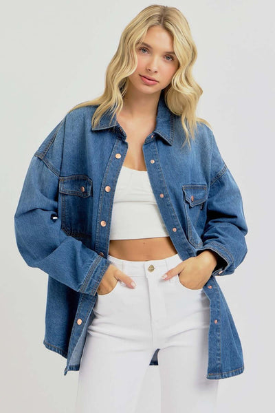  Full Size Snap Down Long Sleeve Denim Shacket