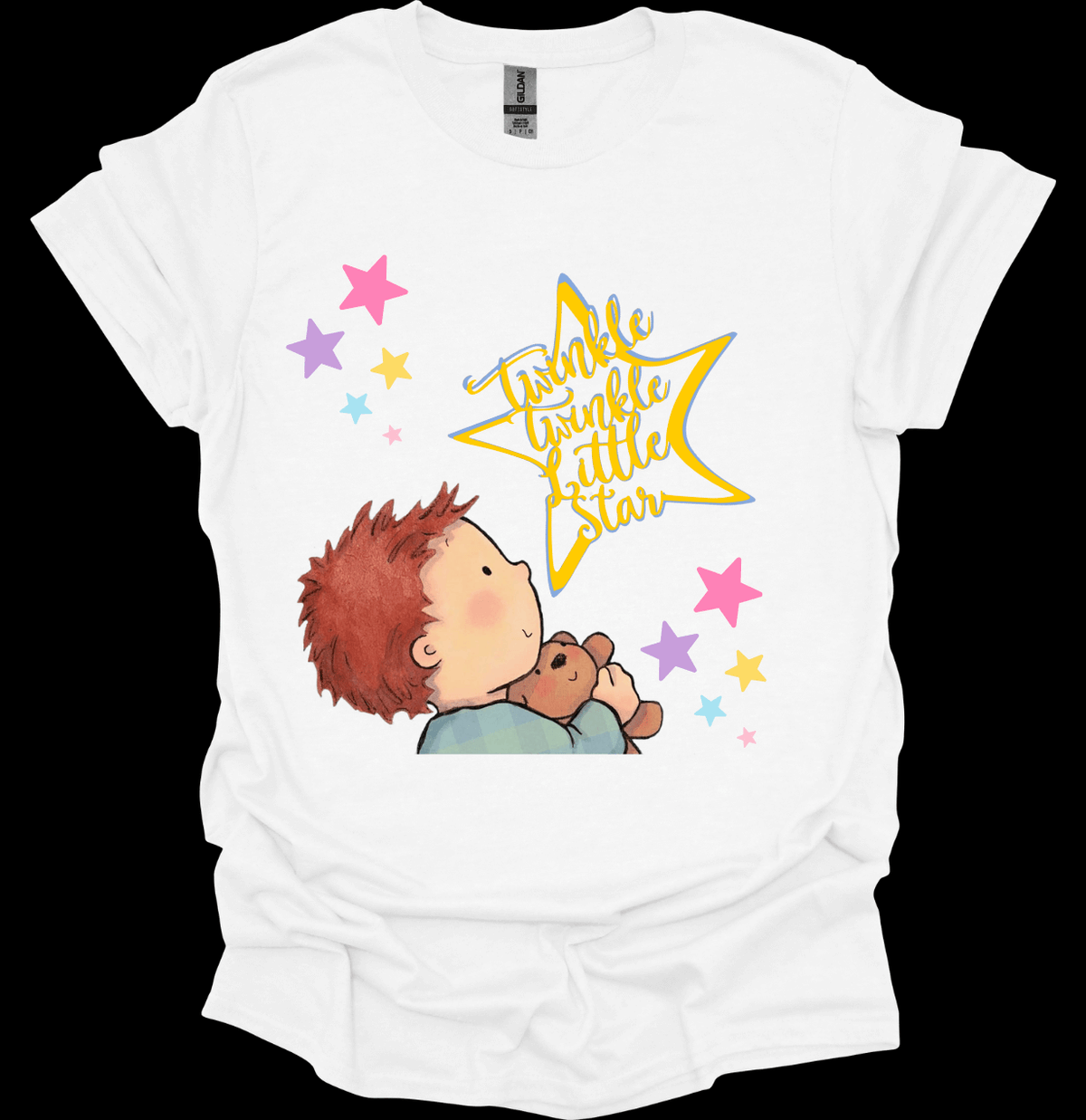 White t-shirt with a child holding a teddy bear and 'Twinkle twinkle little star' text and stars design.