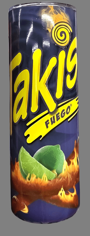 Takis themed 20oz tumbler with fiery snack design