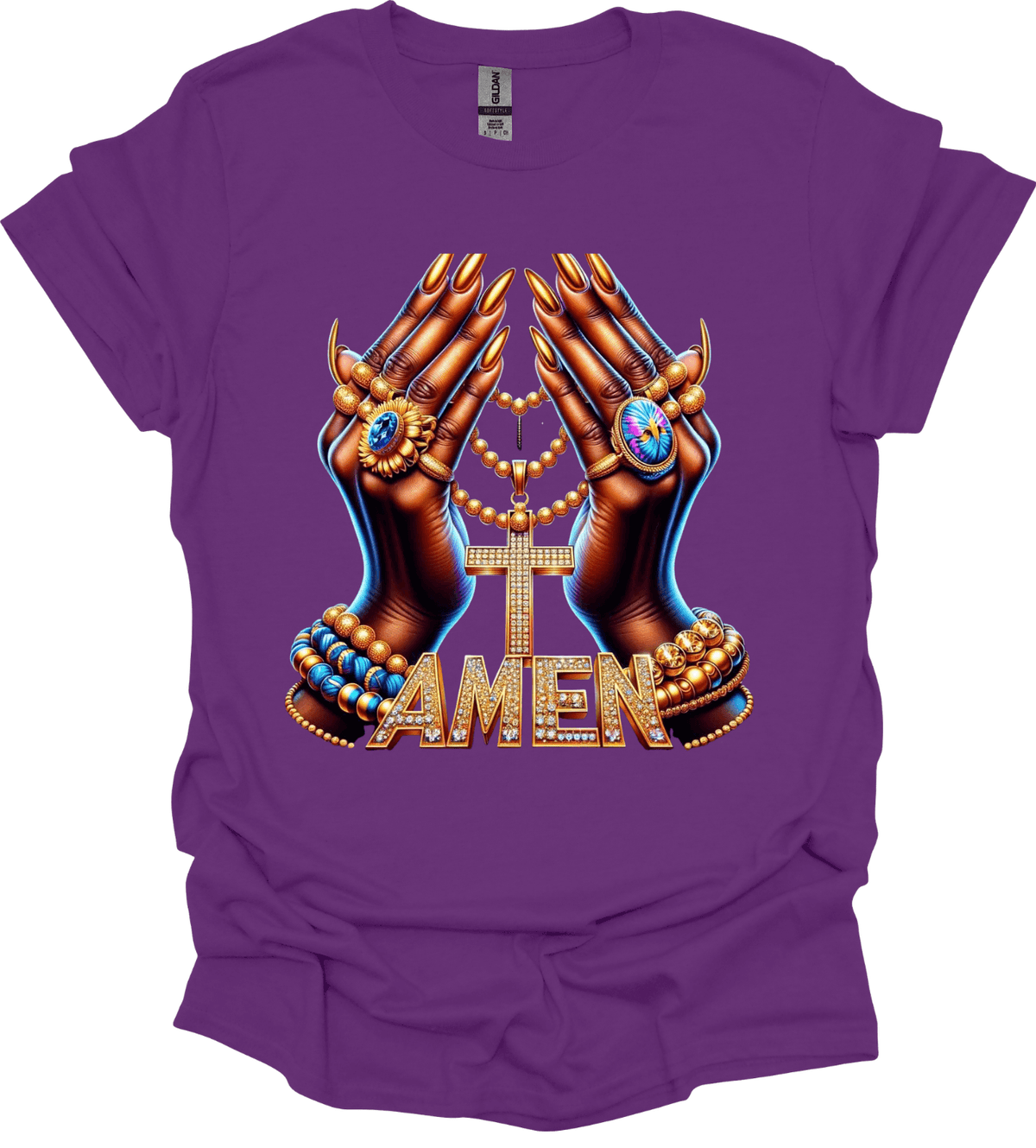 Purple Amen Faith Cross Graphic Tee with ornate hands and 'Amen' text on a plain background