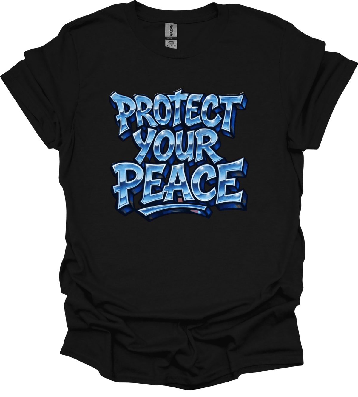 Black Protect Your Peace Graphic Tee with 'Protect Your Peace' text in blue on a white background