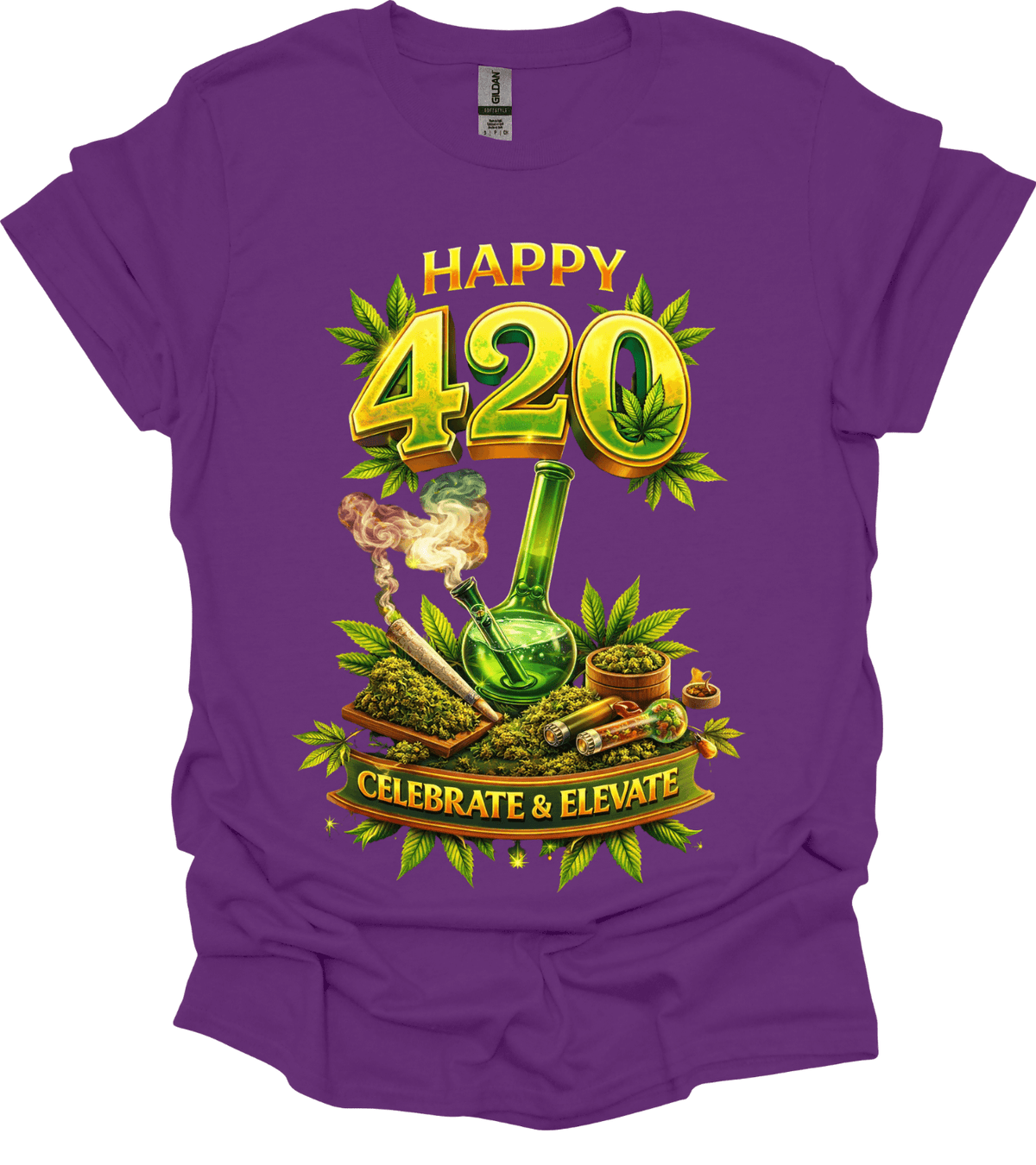 Purple Happy 420 Graphic Tee with 'Happy 420 Celebrate & Elevate' design featuring cannabis-themed graphics.