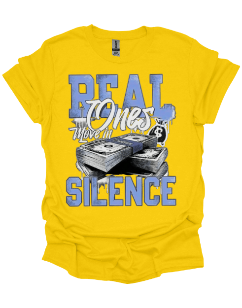 Yellow Real Ones Move in Silence Graphic Tee with graphic design and text on a black background
