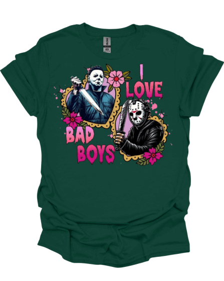 Green I Love Bad Boys Horror Valentine Graphic Tee