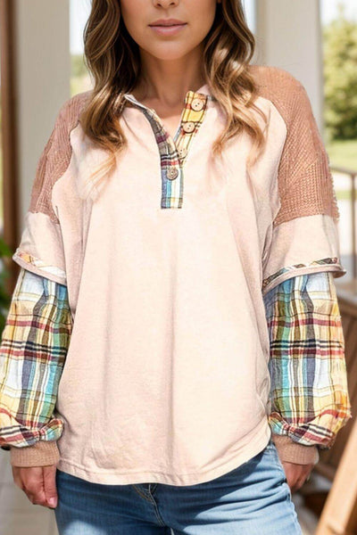 Plus Size Waffle-Knit Detail Plaid Round Neck Top - Ink Wave Creations