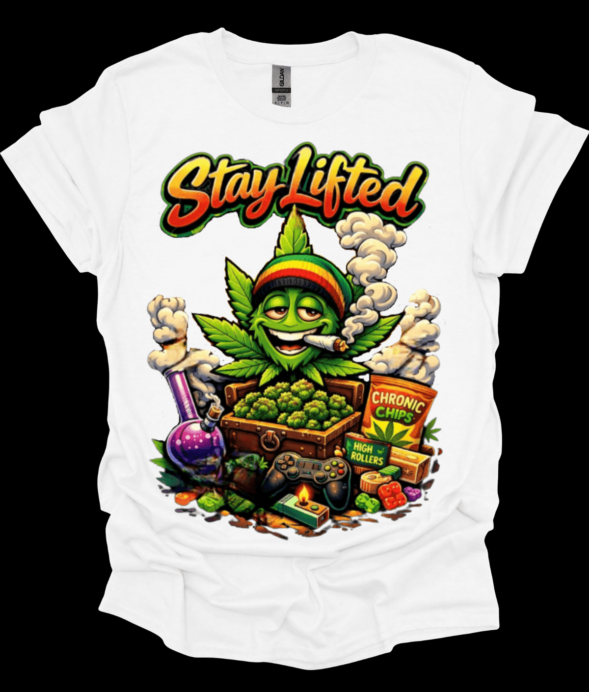 White Stay Lifted Cannabis Graphic Tee with 'Stay Lifted' graphic design featuring a cannabis leaf character and various cannabis-related items.