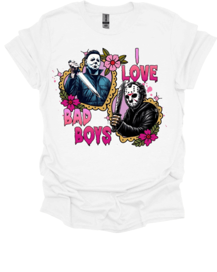 White I Love Bad Boys Horror Valentine Graphic Tee