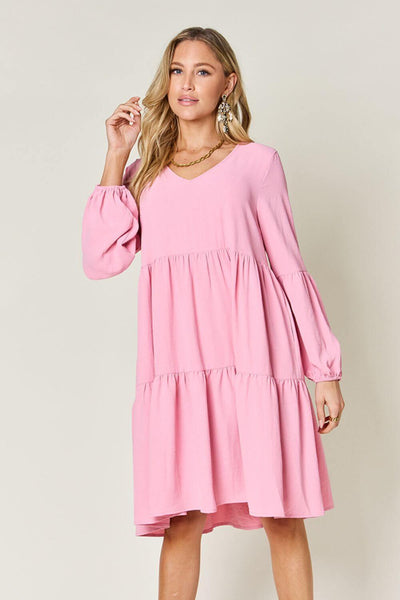 Double Take Full Size V-Neck Balloon Sleeve Tiered Dress with Pockets - Ink Wave Creations