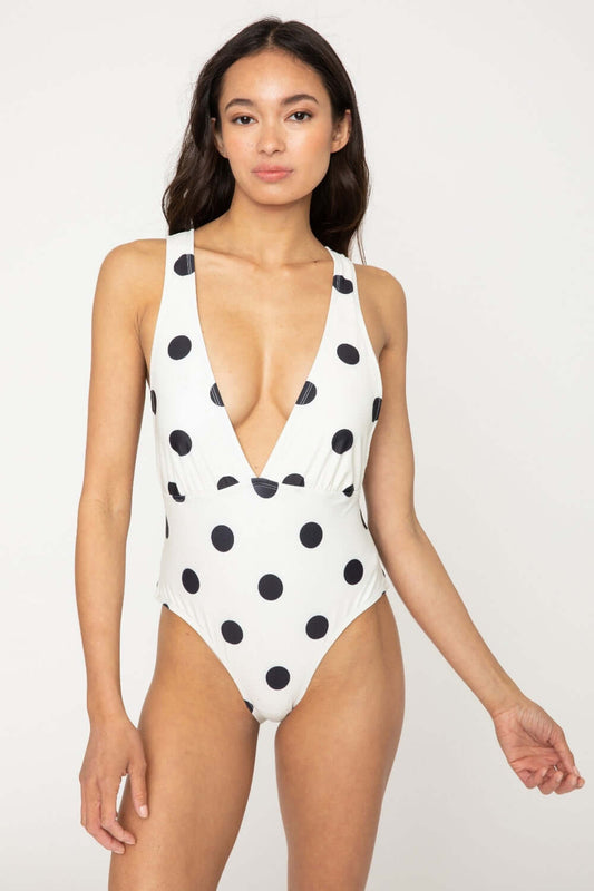 Black and white retro swimsuit with deep V neckline