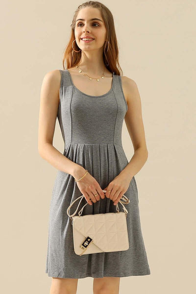 Doublju Full Size Round Neck Ruched Sleeveless Dress with Pockets - Ink Wave Creations