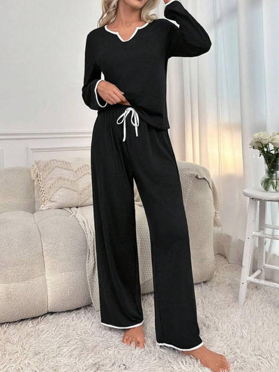 Contrast Trim Notched Long Sleeve Top and Pants Lounge Set - Ink Wave Creations