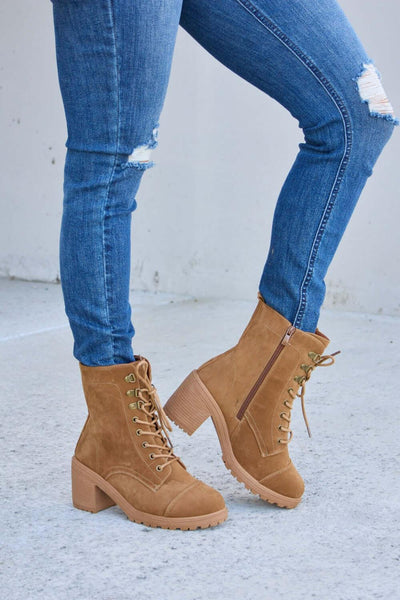 Forever Link Lace-Up Zipper Detail Block Heel Boots - Ink Wave Creations