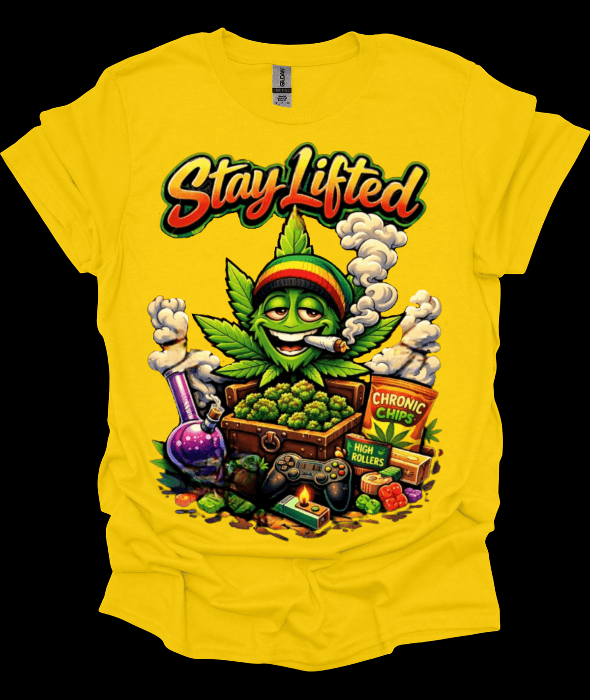 Yellow Stay Lifted Cannabis Graphic Tee with 'Stay Lifted' graphic design featuring a cannabis leaf and related items.