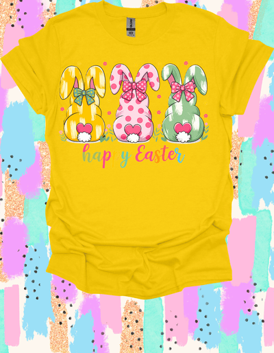 Happy Easter Peeps shirt with colorful bunny design in Yellow