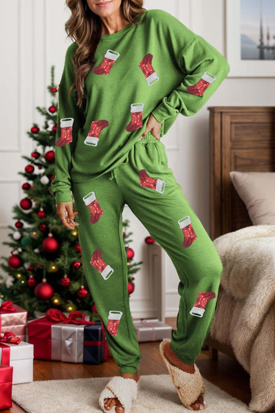 Sequin Socks Round Neck Long Sleeve Top and Pants Lounge Set - Ink Wave Creations
