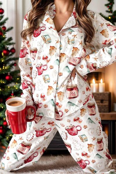 Printed Collared Neck Top and Pants Lounge Set - Ink Wave Creations