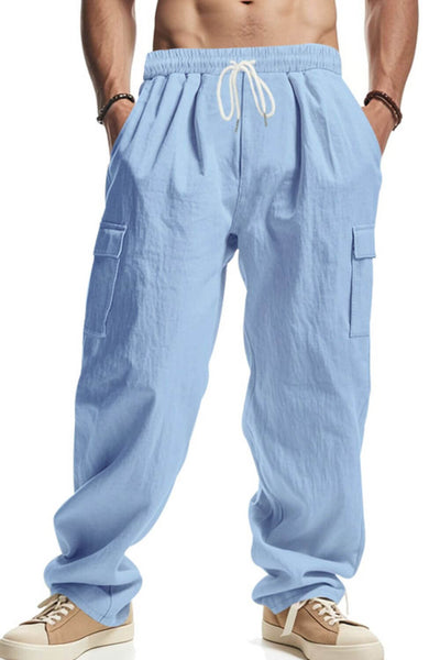 Front view of blue men’s full-size drawstring pants