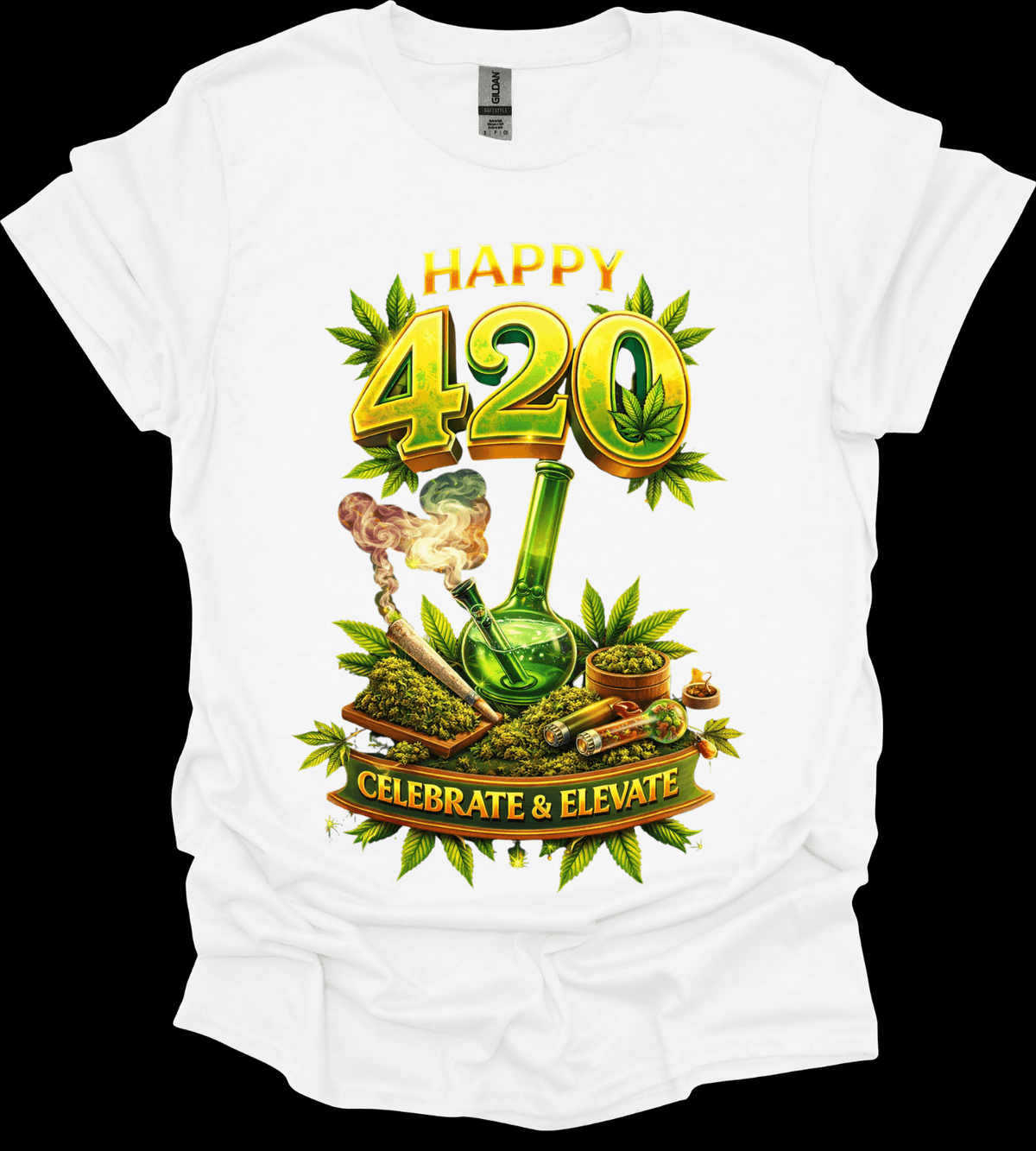 White Happy 420 Graphic Tee with 'Happy 420 Celebrate & Elevate' graphic design featuring cannabis symbols.