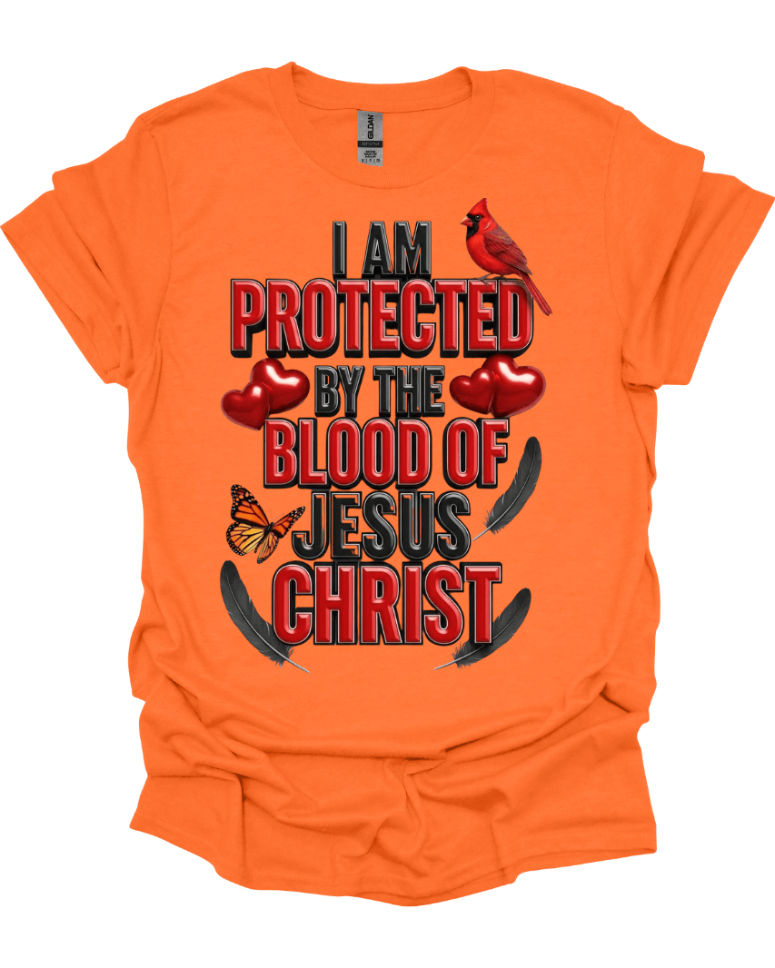 Orange Protected by the Blood of Jesus Graphic Tee with text and graphics on a white background