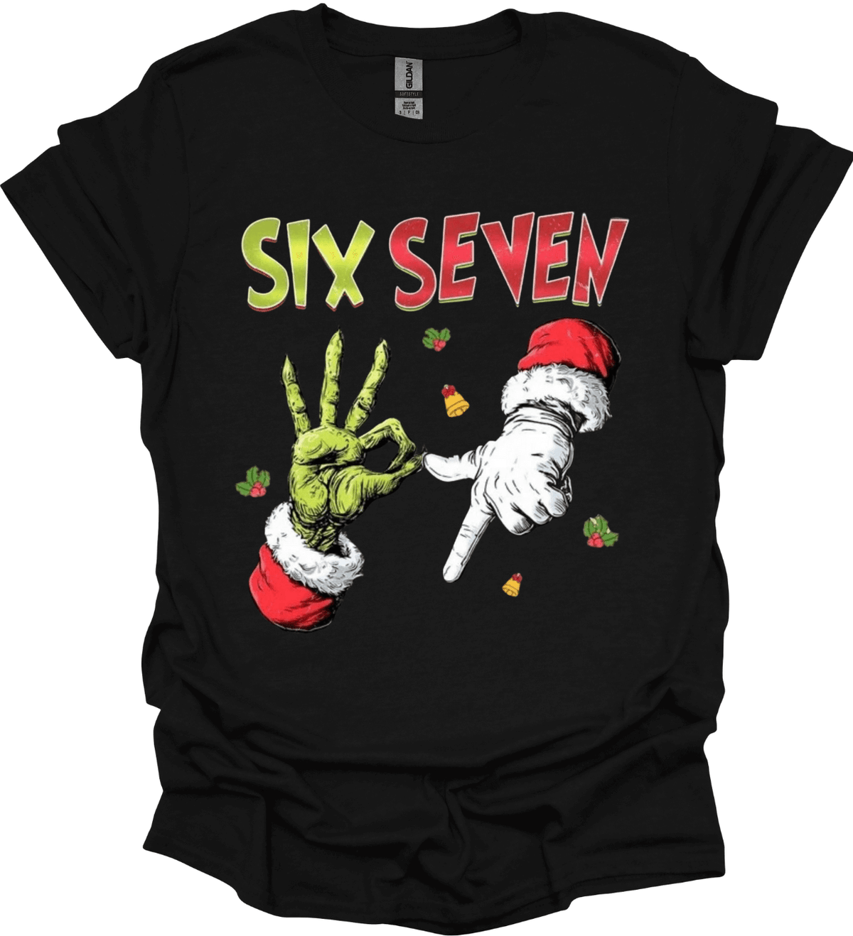 Black t-shirt with graphic of hands in Santa hats and 'SIX SEVEN' text on a white background