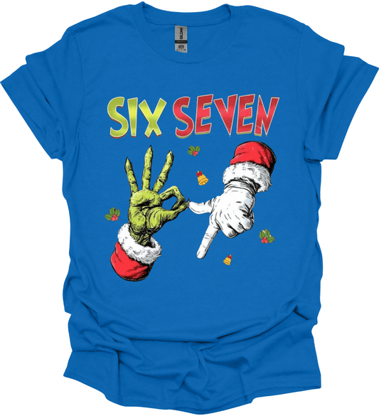 Blue t-shirt with 'Six Seven' graphic design featuring hands in red and green outfits on a white background.