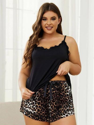 Plus Size Lace Trim Scoop Neck Cami and Printed Shorts Pajama Set - Ink Wave Creations