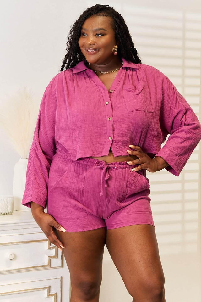 Basic Bae Buttoned Long Sleeve Top and Shorts Set - Ink Wave Creations