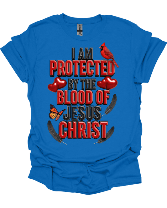 Blue Protected by the Blood of Jesus Graphic Tee with red and black text and graphics on a white background
