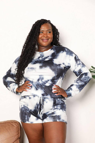 Shiny Tie-Dye Round Neck Top and Shorts Lounge Set - Ink Wave Creations