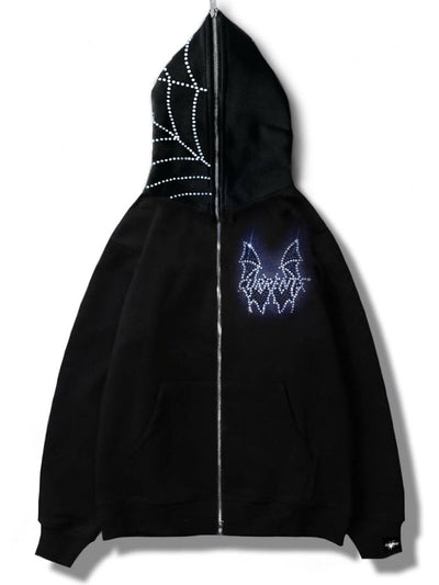 men’s zip-up hoodie with rhinestone bat graphic
