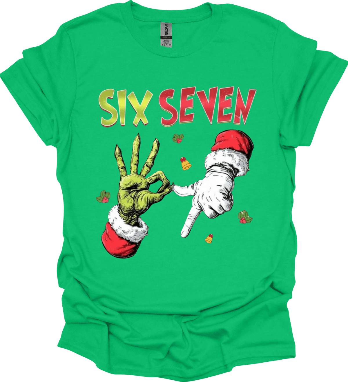 Green t-shirt with 'Six Seven' text and graphic of hands in red and green on a white background