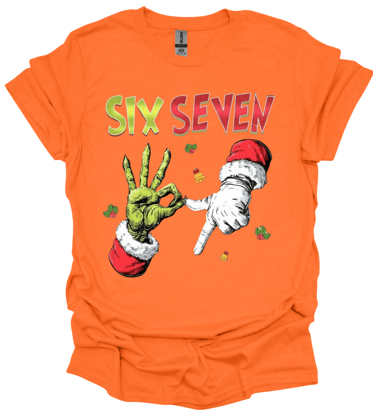Orange t-shirt with 'Six Seven' graphic design featuring hands and text on a white background