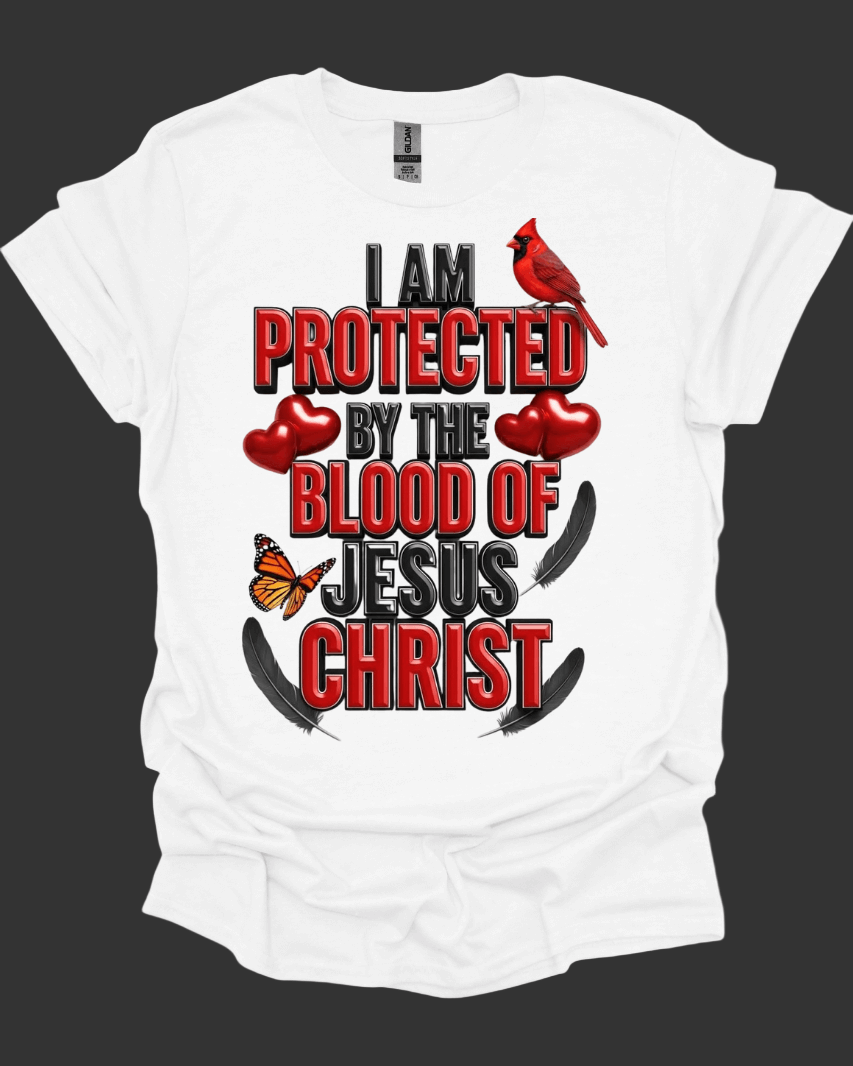 White Protected by the Blood of Jesus Graphic Tee with red and black text and graphics on a white background