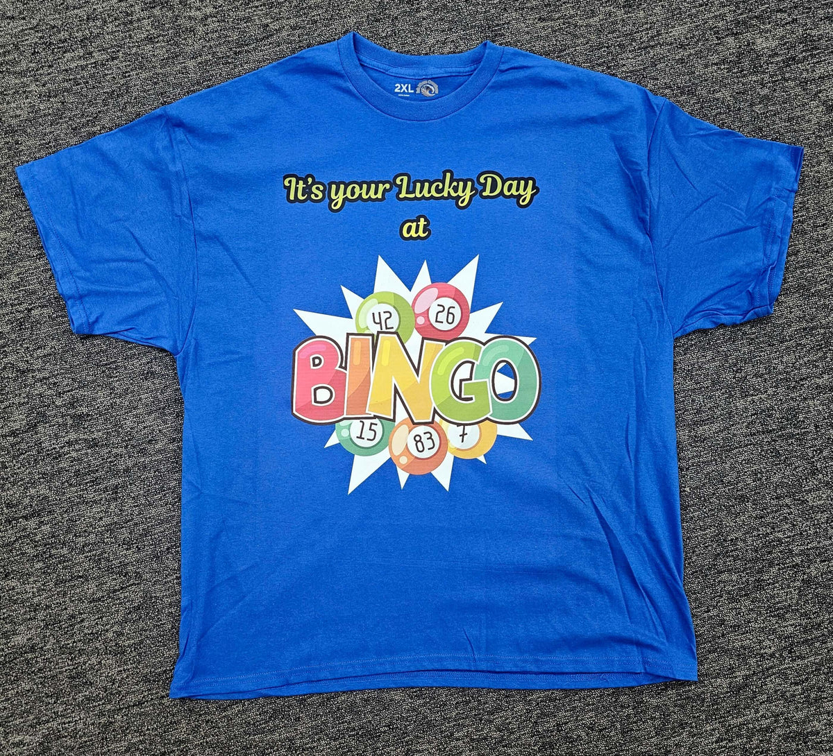 Blue It’s Your Lucky Day at Bingo Shirt with Bingo-themed design on a gray background