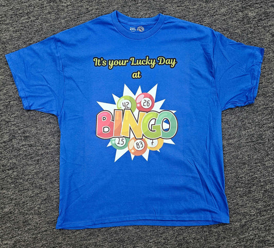 Blue It’s Your Lucky Day at Bingo Shirt with Bingo-themed design on a gray background