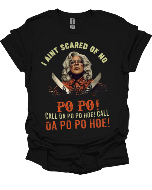 Black Not Scared of the Po Po Funny Graphic Tee with graphic design and text on a white background