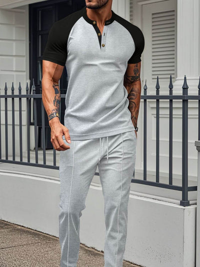 Gray model in contrast top and drawstring pants set